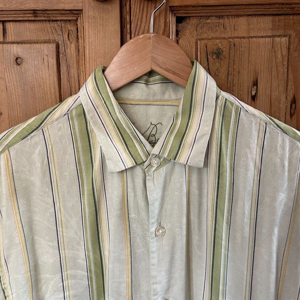 Tommy Bahama Large Silk Button Up Shirt Green Yellow Stripe Short Sleeve Collar - Picture 2 of 11